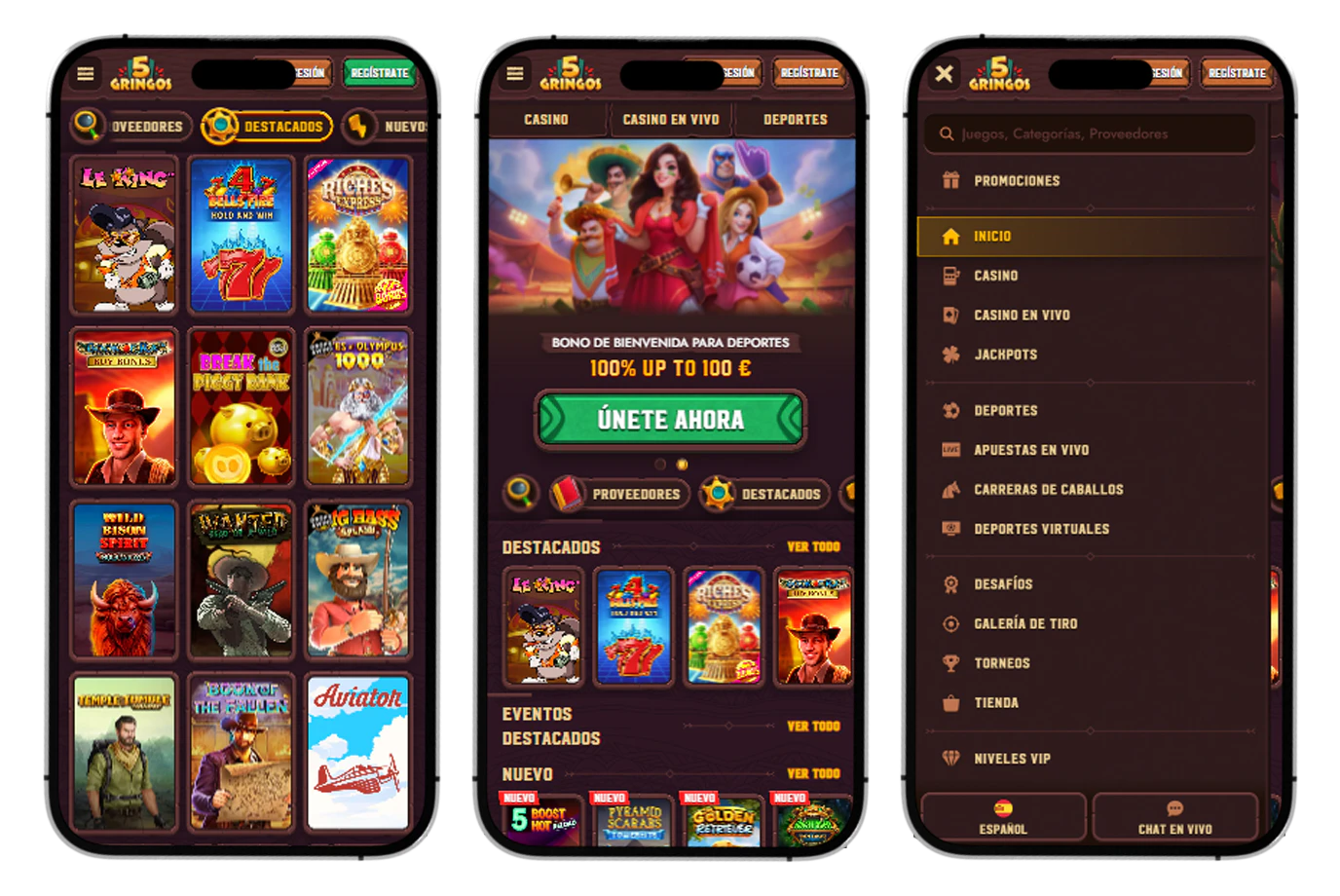 Acceso móvil a 5 Gringos Casino desde smartphones y tablets
