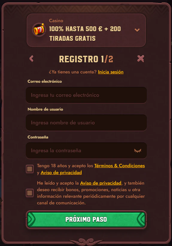 Registro de usuario e inicio de sesión en 5 Gringos Casino